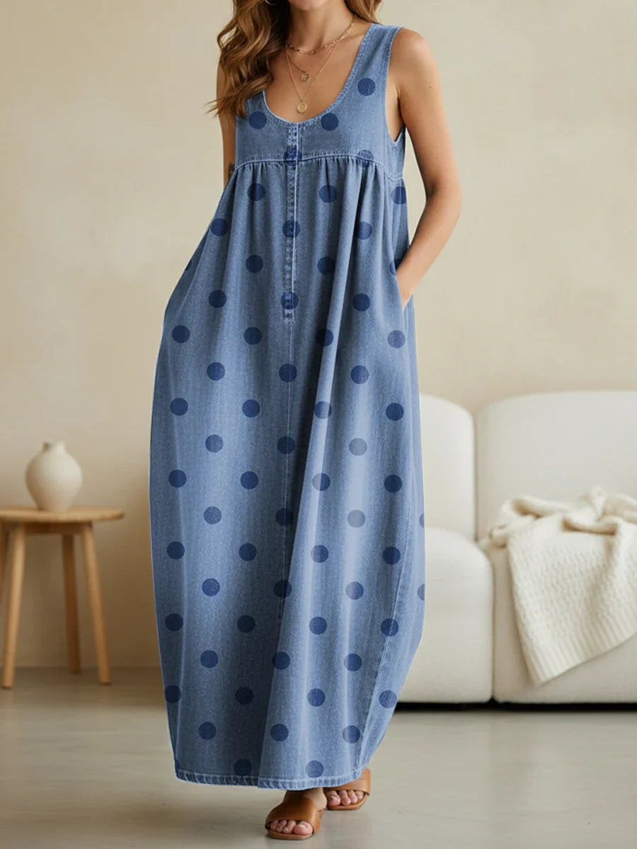 Emilie's Boutique ™ Retro Polka Dots Print Casual Loose Denim Vest Dress