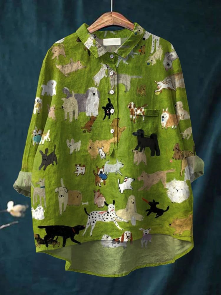 Emilie's Boutique ™ Cute Dog Art Print Casual Cotton And Linen Shirt
