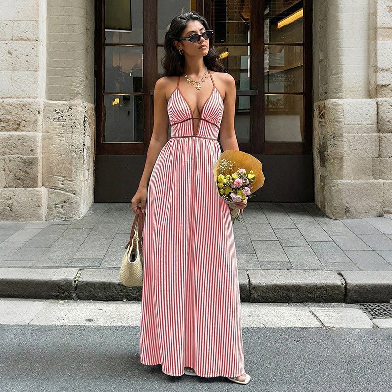 Emilie's Boutique ™  Retro striped rope-trimmed suspender maxi dress