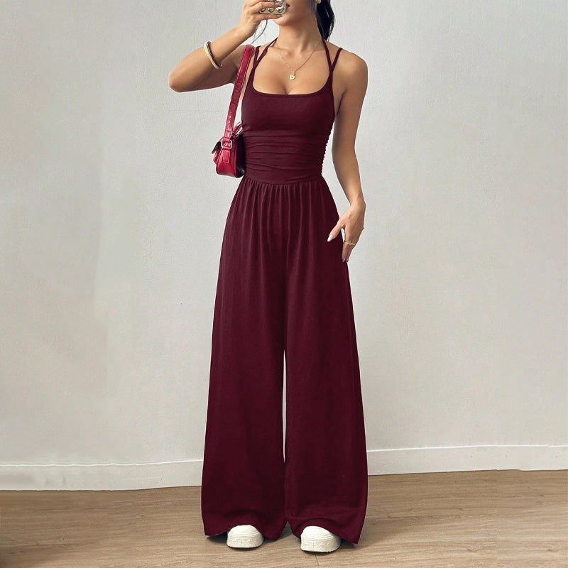 Emilie's Boutique ™ Backless Halter Ruched High Waist Wide Leg Jumpsuit