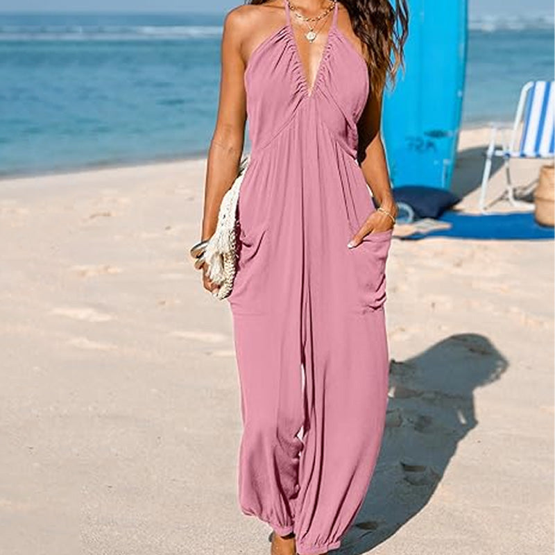 Emilie's Boutique ™ V-neck backless loose-fitting jumpsuit