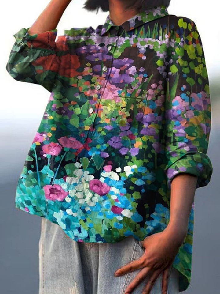 Emilie's Boutique ™ Oil Painting Garden Decorative Pattern Casual Cotton And Linen Shirt