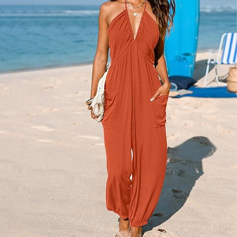 Emilie's Boutique ™ V-neck backless loose-fitting jumpsuit