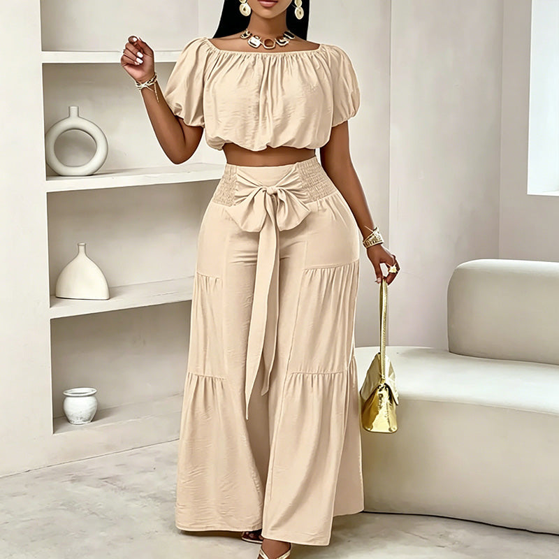 Emilie's Boutique ™ Off-shoulder puff sleeve wide-leg pants two-piece set
