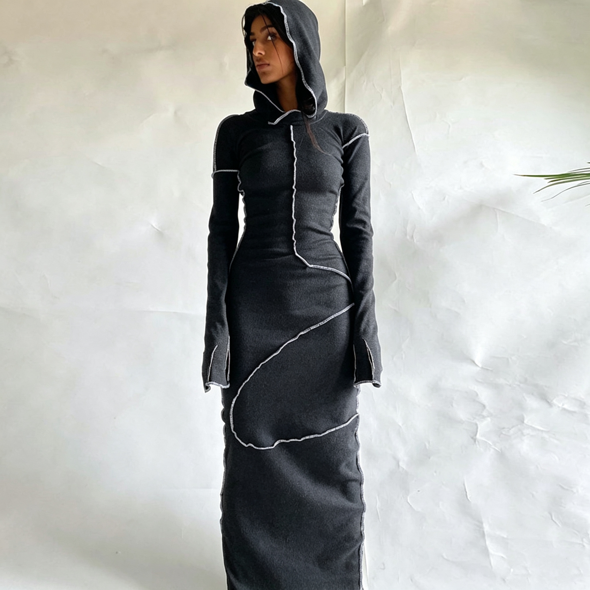 Emilie's Boutique ™  Contrast‑Stitch Hooded Bodycon Maxi Dress