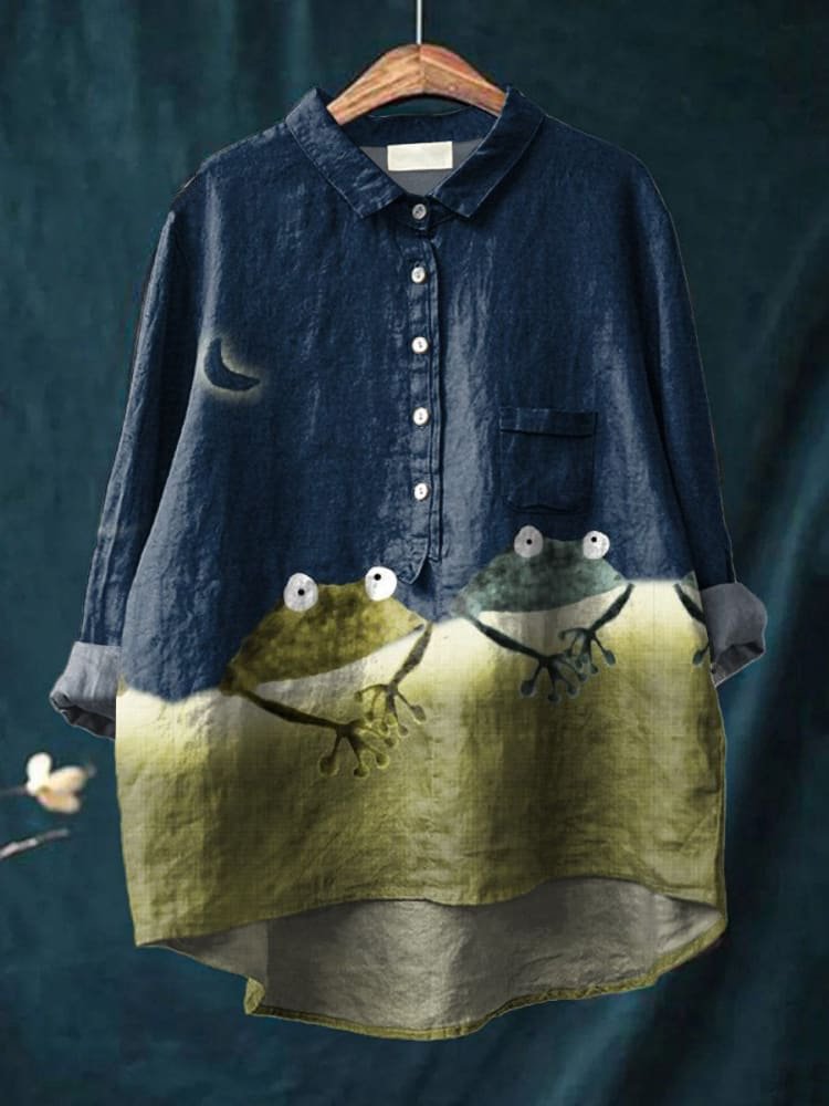 Emilie's Boutique ™ Simple Frog Color Block Art Print Casual Cotton And Linen Shirt