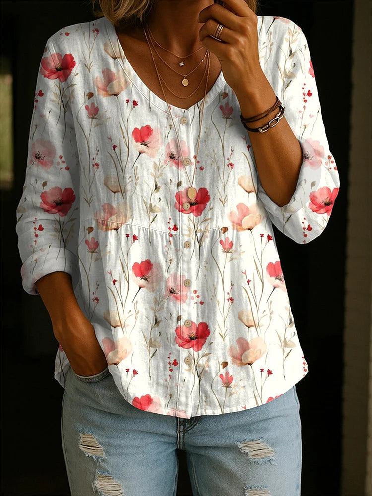 Emilie's Boutique ™ Retro Flower Art Print Linen Cotton Shirt