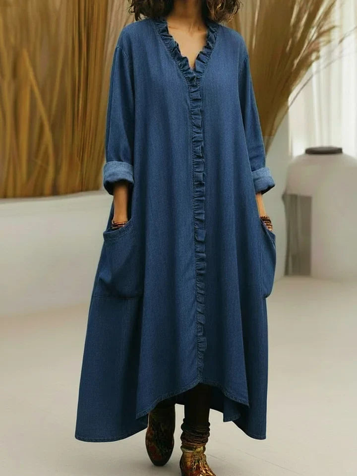 Emilie's Boutique ™ Lace-trimmed V-neck Denim Dress