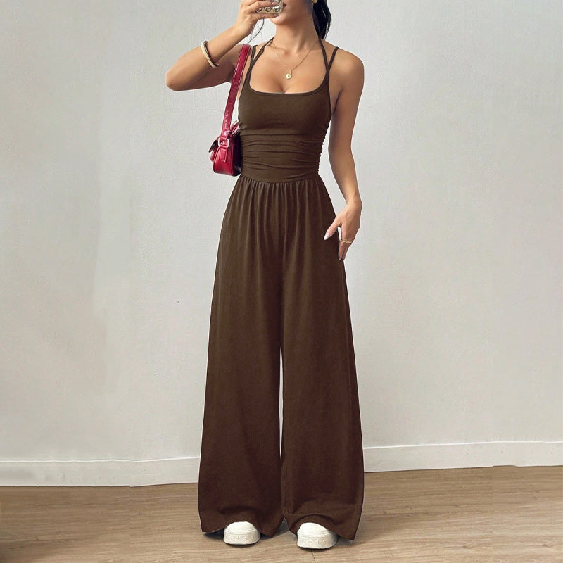 Emilie's Boutique ™ Backless Halter Ruched High Waist Wide Leg Jumpsuit