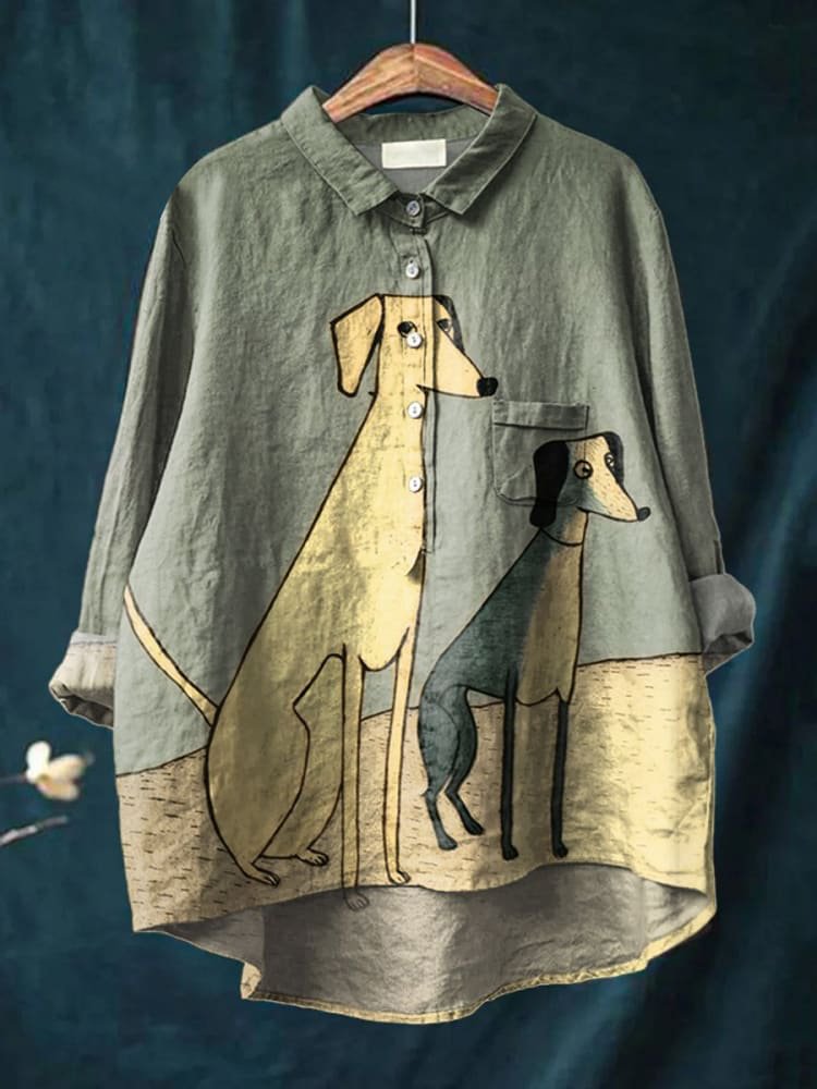 Emilie's Boutique ™ Fun Abstract Puppy Print Casual Cotton And Linen Shirt