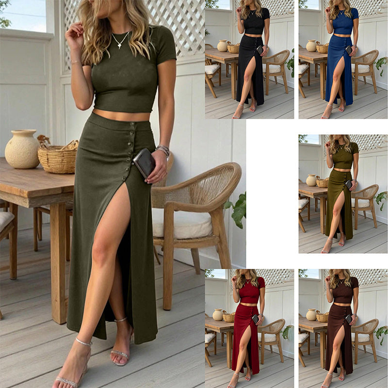 Emilie's Boutique ™  A fitted crop top paired with a side-slit maxi skirt