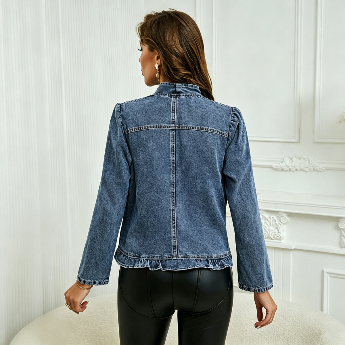 Emilie's Boutique ™ Ruffled Trim Open‑Front Cropped Denim Jacket