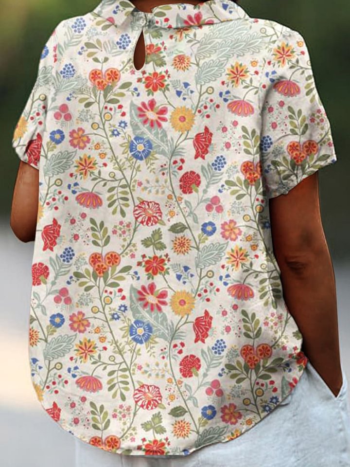 Emilie's Boutique ™ Pastoral Floral Art Print Casual Cotton And Linen Shirt
