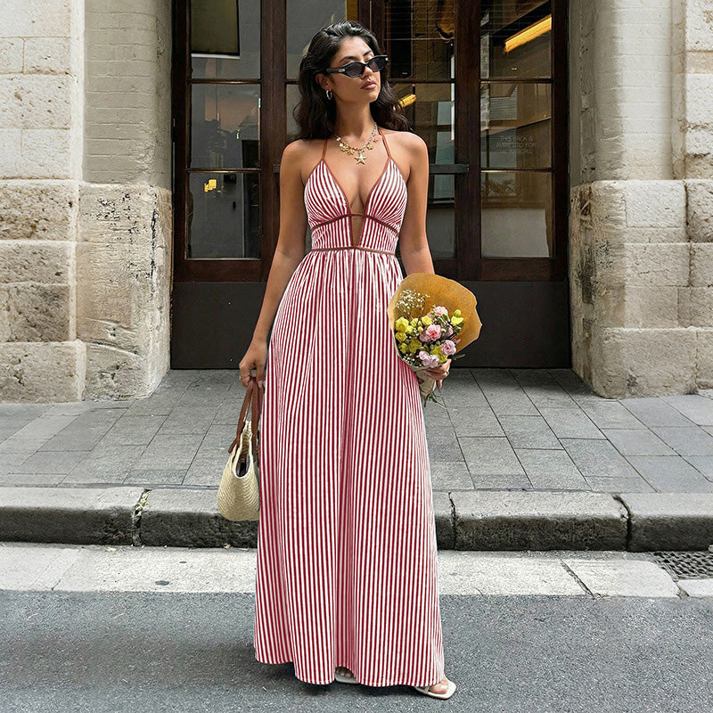 Emilie's Boutique ™  Retro striped rope-trimmed suspender maxi dress