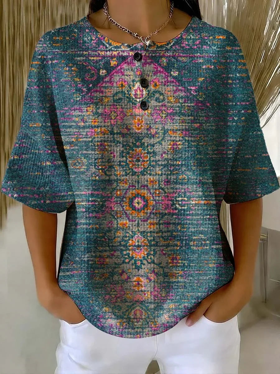 Emilie's Boutique ™  Vintage Floral Art Print Casual Waffle Cotton Shirt