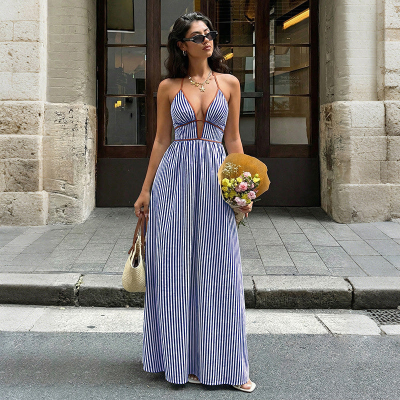 Emilie's Boutique ™  Retro striped rope-trimmed suspender maxi dress