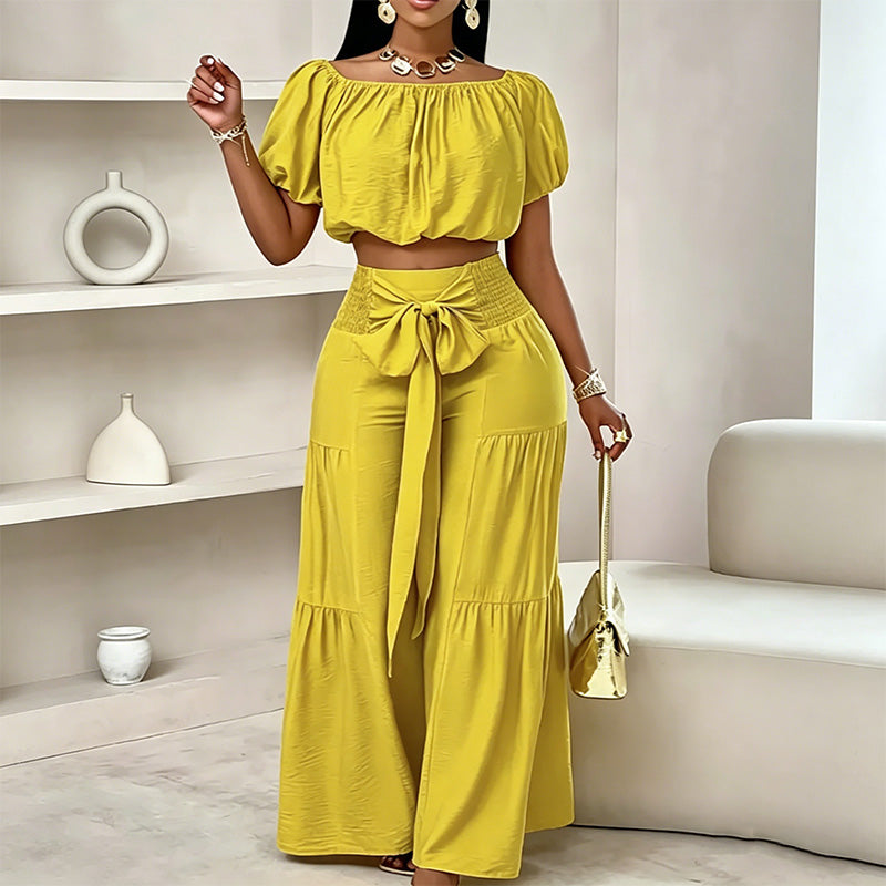 Emilie's Boutique ™ Off-shoulder puff sleeve wide-leg pants two-piece set
