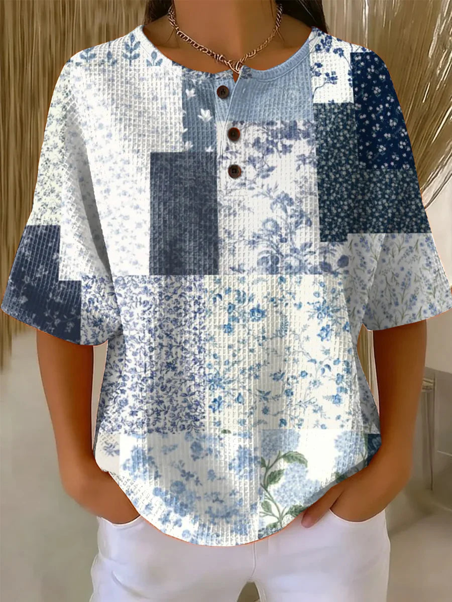 Emilie's Boutique ™ Patchwork Small Floral Art Pattern Print Casual Waffle Cotton Shirt