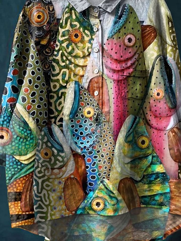 Emilie's Boutique ™ Funny Fish Art Print Casual Cotton And Linen Shirt