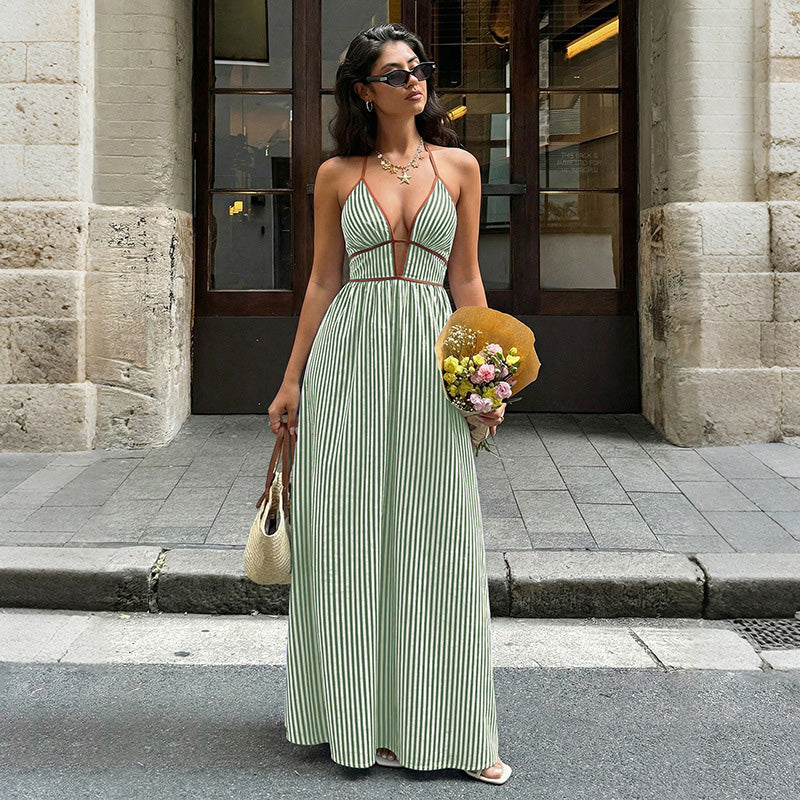 Emilie's Boutique ™  Retro striped rope-trimmed suspender maxi dress