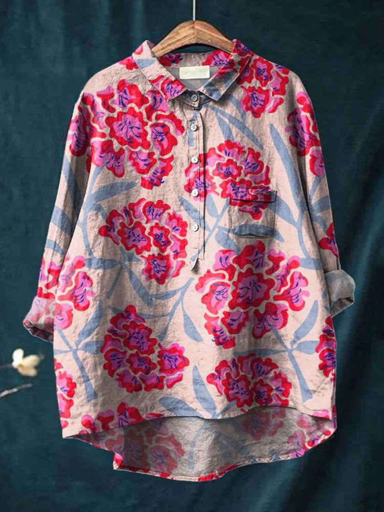 Emilie's Boutique ™ Flower Art Print Casual Cotton And Linen Shirt