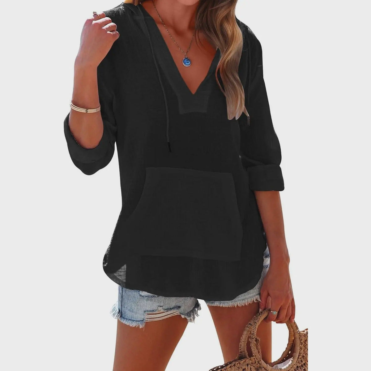 Emilie's Boutique ™ Beach Long-Sleeve V-Neck Hooded Shirt