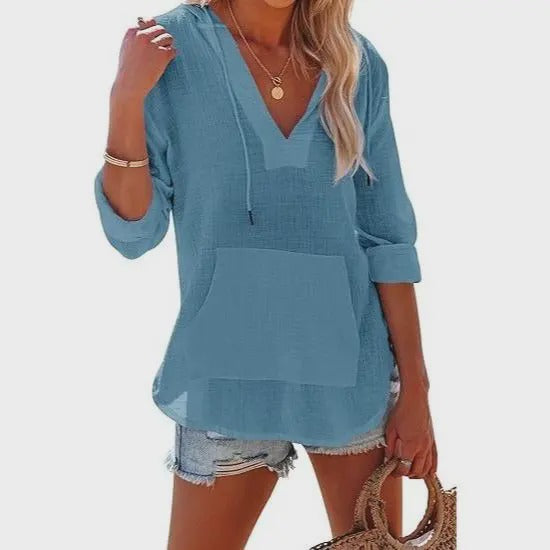 Emilie's Boutique ™ Beach Long-Sleeve V-Neck Hooded Shirt