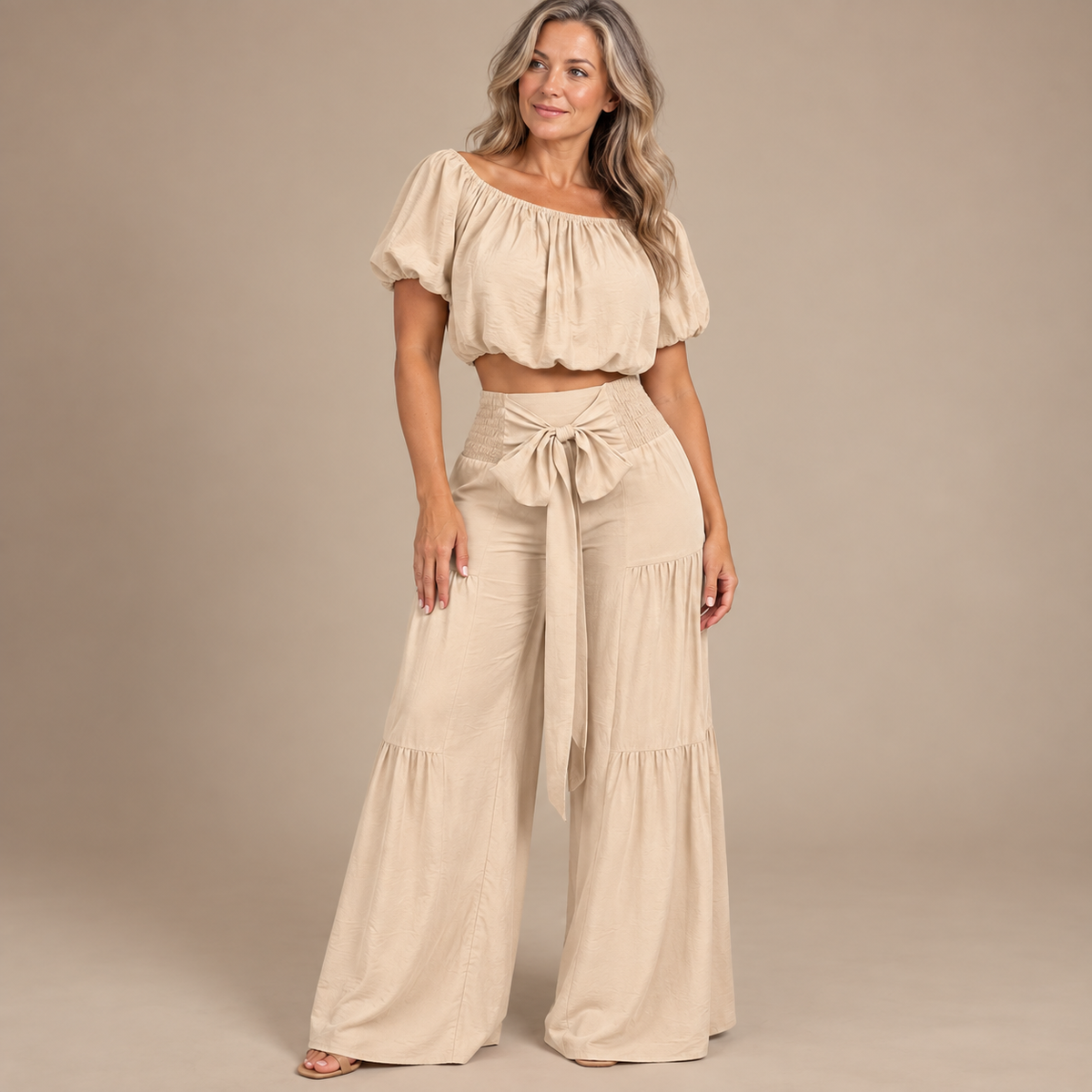 Emilie's Boutique ™ Off-shoulder puff sleeve wide-leg pants two-piece set