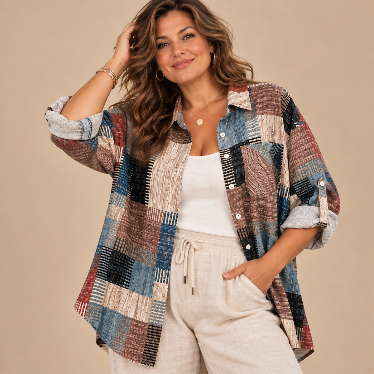 Emilie's Boutique ™ Casual Loose Fit Plaid Long Sleeve Shirt Plus Size