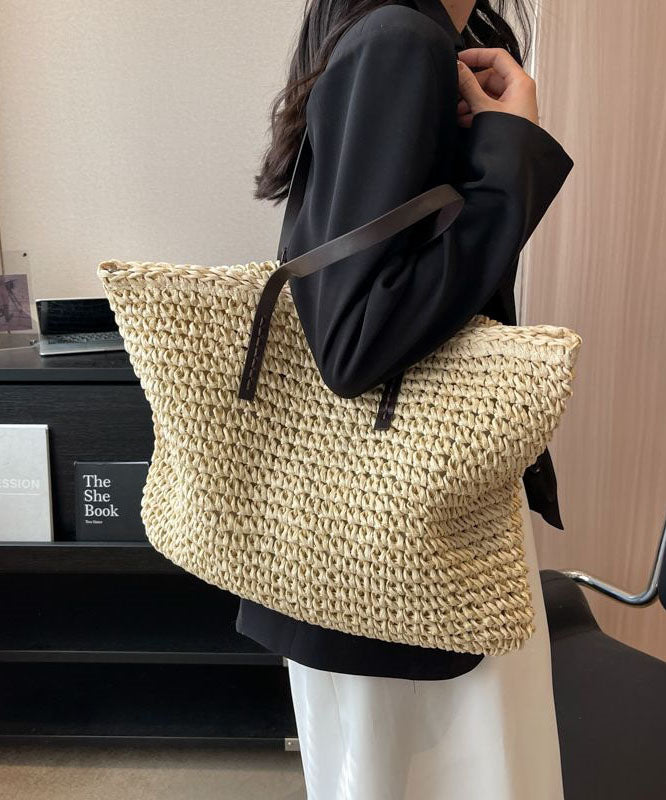 Emilie's Boutique ™ Beige Zip Up Patchwork Straw Woven Satchel Bag