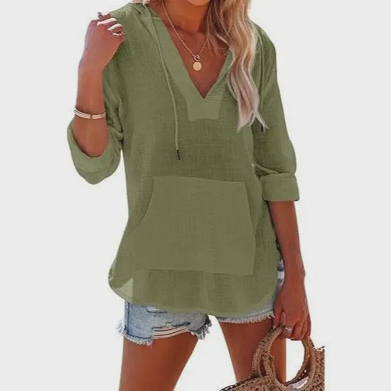 Emilie's Boutique ™ Beach Long-Sleeve V-Neck Hooded Shirt