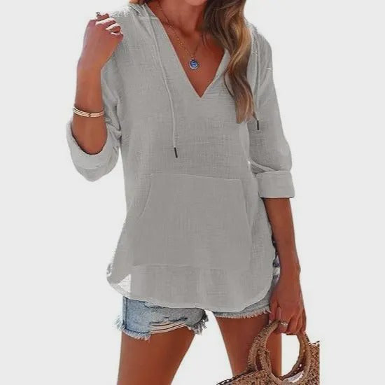 Emilie's Boutique ™ Beach Long-Sleeve V-Neck Hooded Shirt