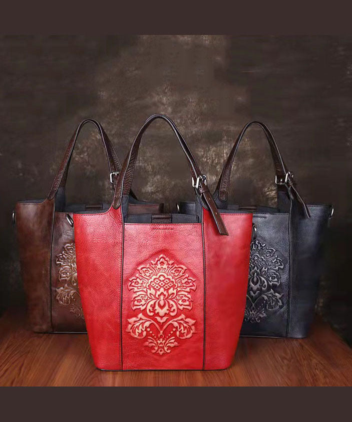 Emilie's Boutique ™ Red Rubbing embossing Paitings Calf Leather Tote Handbag
