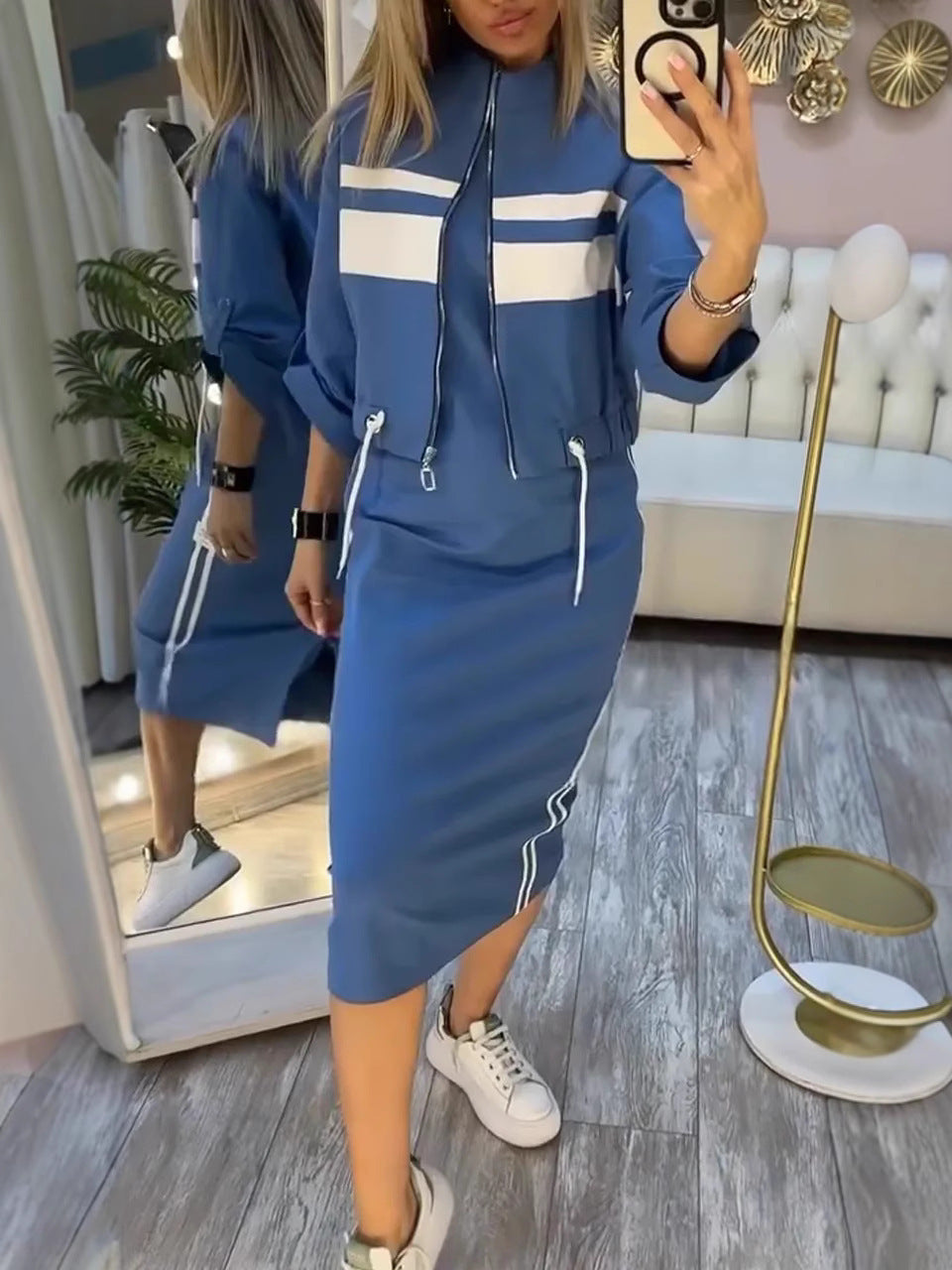 Women's Stand Collar Jacket & Dress Set