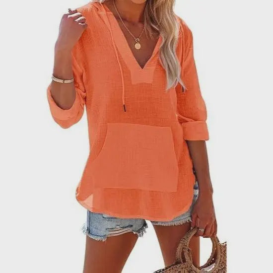 Emilie's Boutique ™ Beach Long-Sleeve V-Neck Hooded Shirt