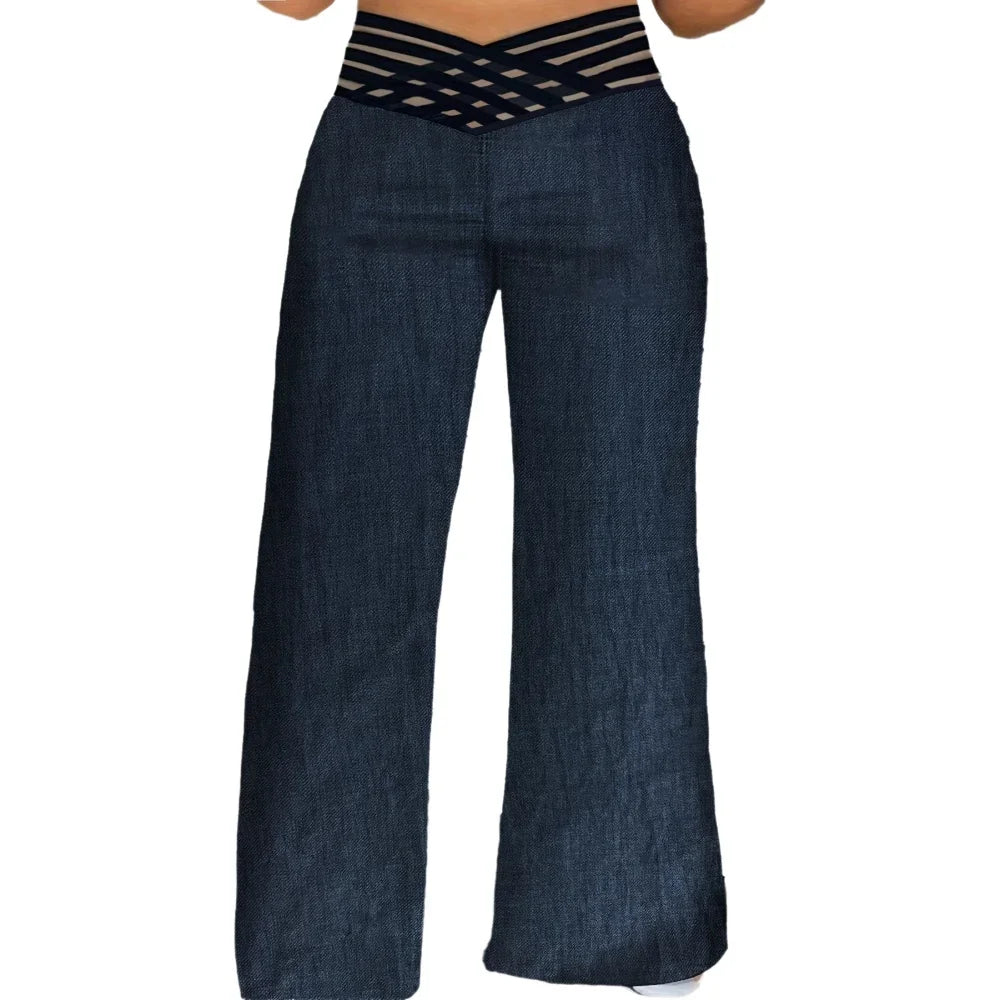 Emilie's Boutique ™ crisscross mesh, wide legs, casual denim pants.