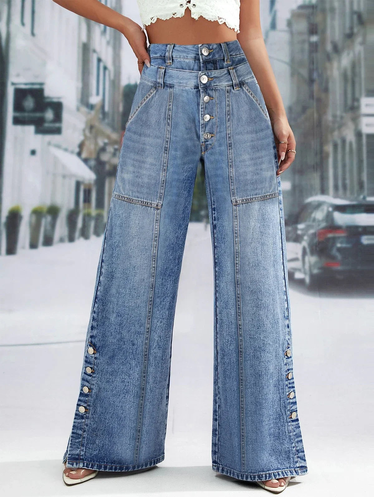 Damesmode Vintage Plus Size Wijde Pijpen Jeans Hoge Taille Knoopsluiting Denim Broek Harajuku Zakken Herfst Jeans