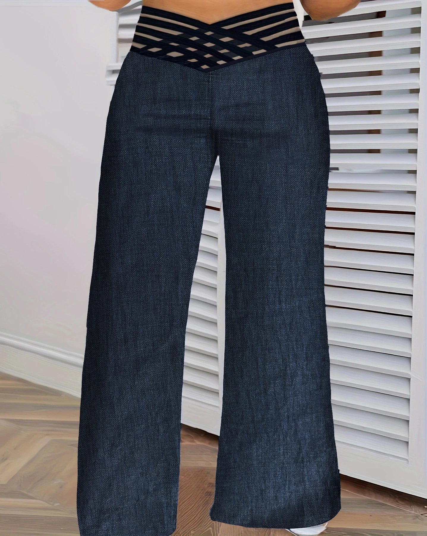 Emilie's Boutique ™ crisscross mesh, wide legs, casual denim pants.
