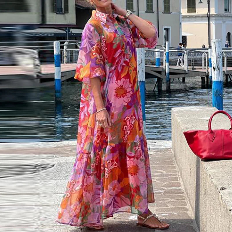 Emilie's Boutique ™ Collar-Neck Floral Print Long Dress.