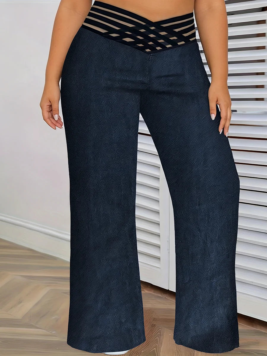 Emilie's Boutique ™ crisscross mesh, wide legs, casual denim pants.