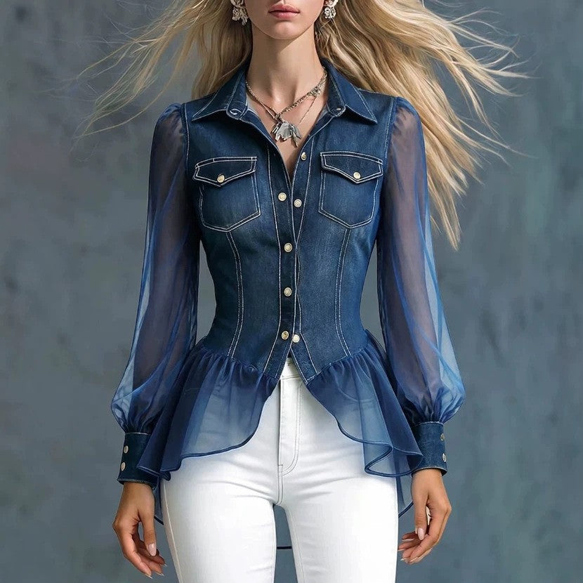 Emilie's Boutique ™ Mesh-paneled ruffled denim shirt