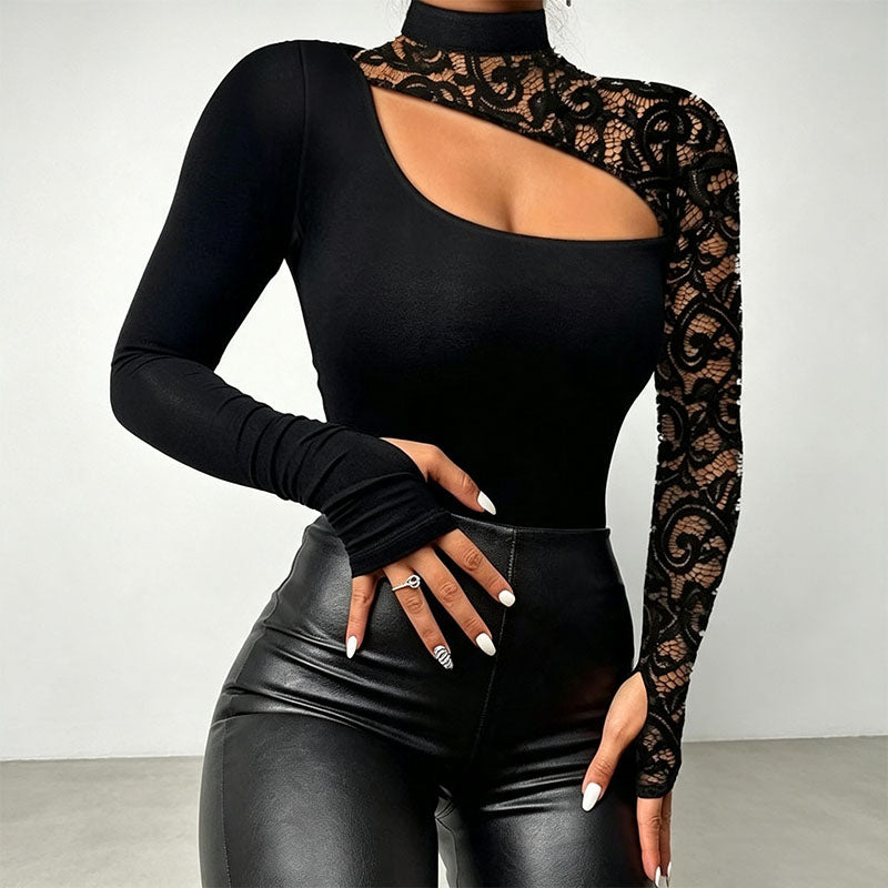 Emilie's Boutique ™ Hollow-out lace patchwork slim-fit long-sleeved top
