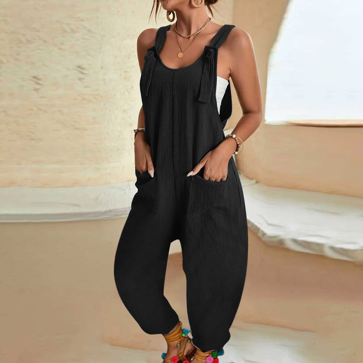 Emilie's Boutique ™ Lace-up loose sleeveless overalls