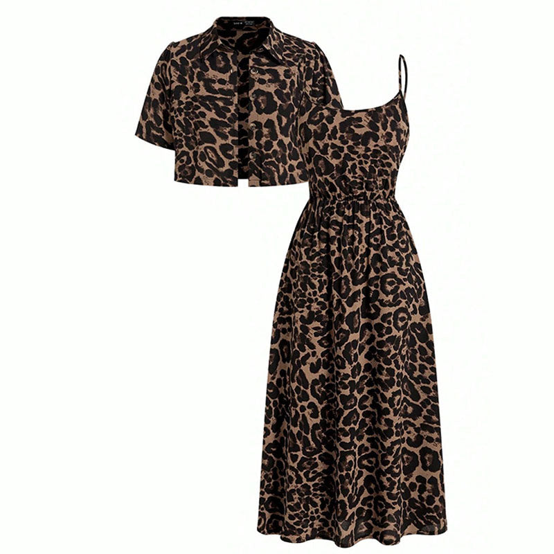Emilie's Boutique ™  Casual leopard print short-sleeved cardigan and slip dress two-piece set