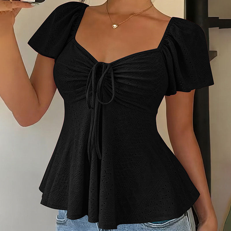 Emilie's Boutique ™ V-neck cut-out embroidered peplum top