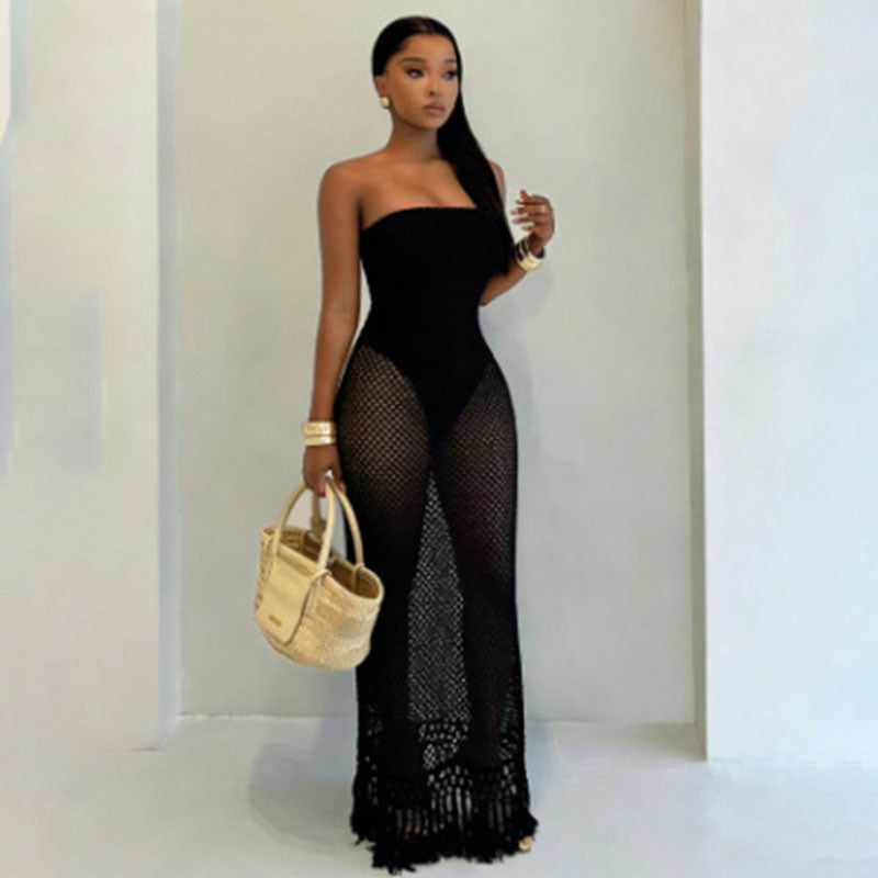 Emilie's Boutique ™  Form-fitting knitted mesh strapless maxi dress