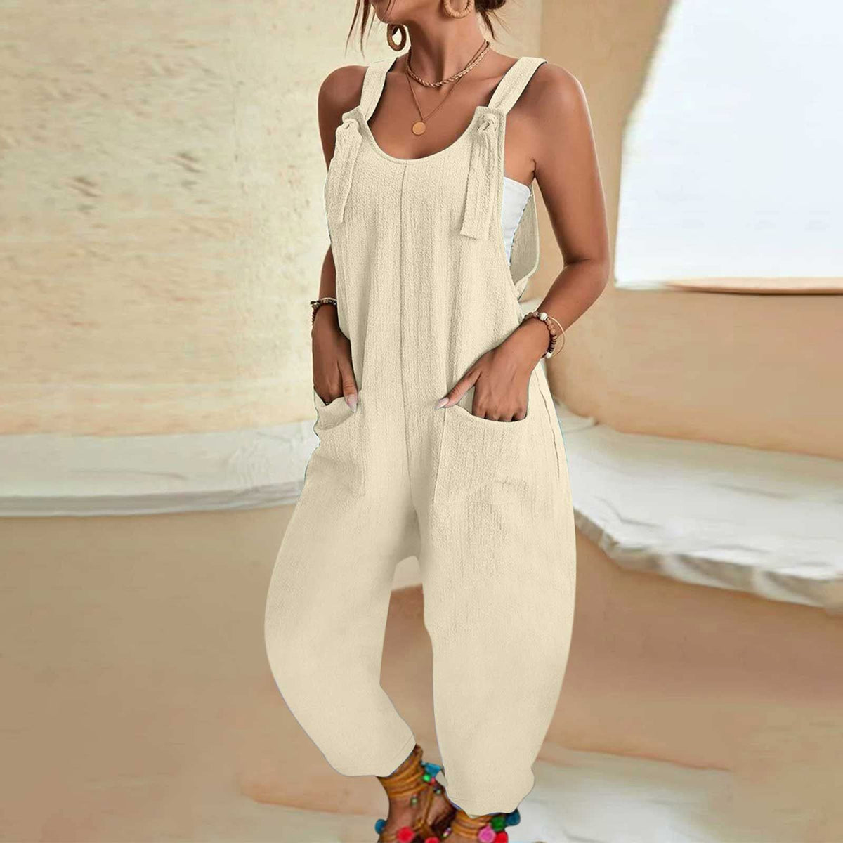 Emilie's Boutique ™ Lace-up loose sleeveless overalls