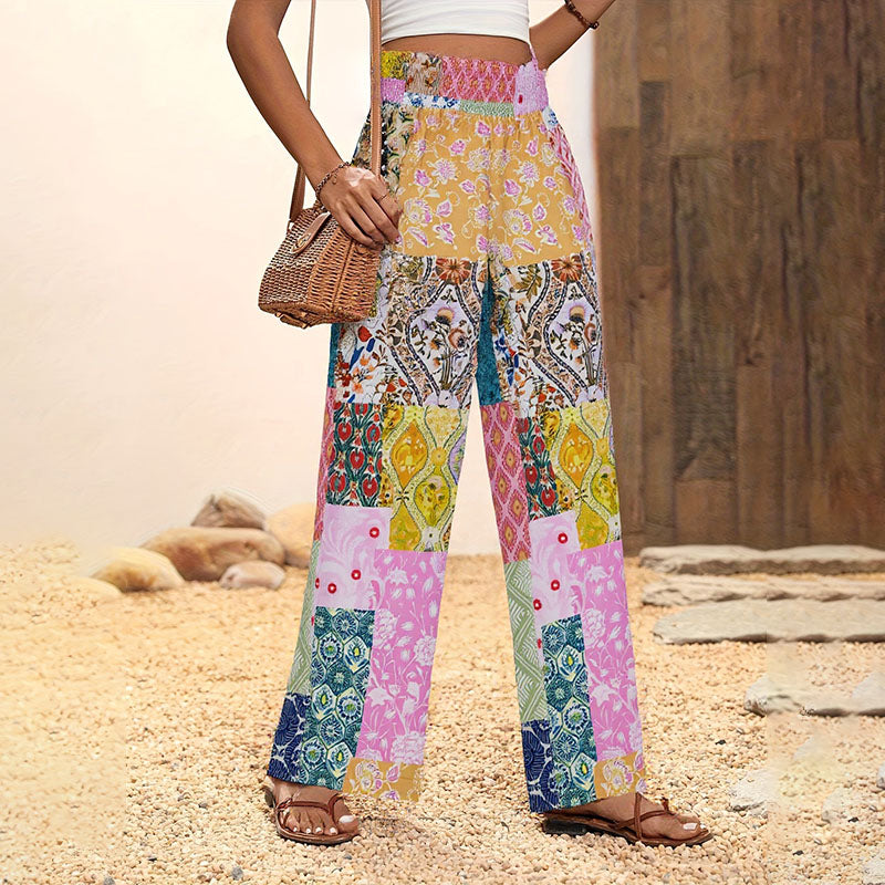 Emilie's Boutique ™  Elastic high-waisted printed wide-leg pants