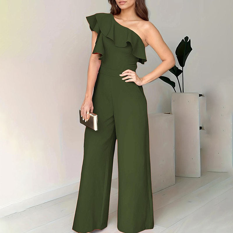 Emilie's Boutique ™ One-shoulder ruffled high-waisted wide-leg jumpsuit