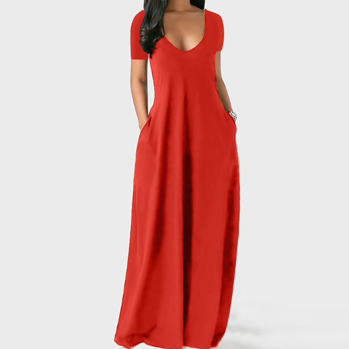 Emilie's Boutique ™  V-neck short-sleeved loose casual long dress
